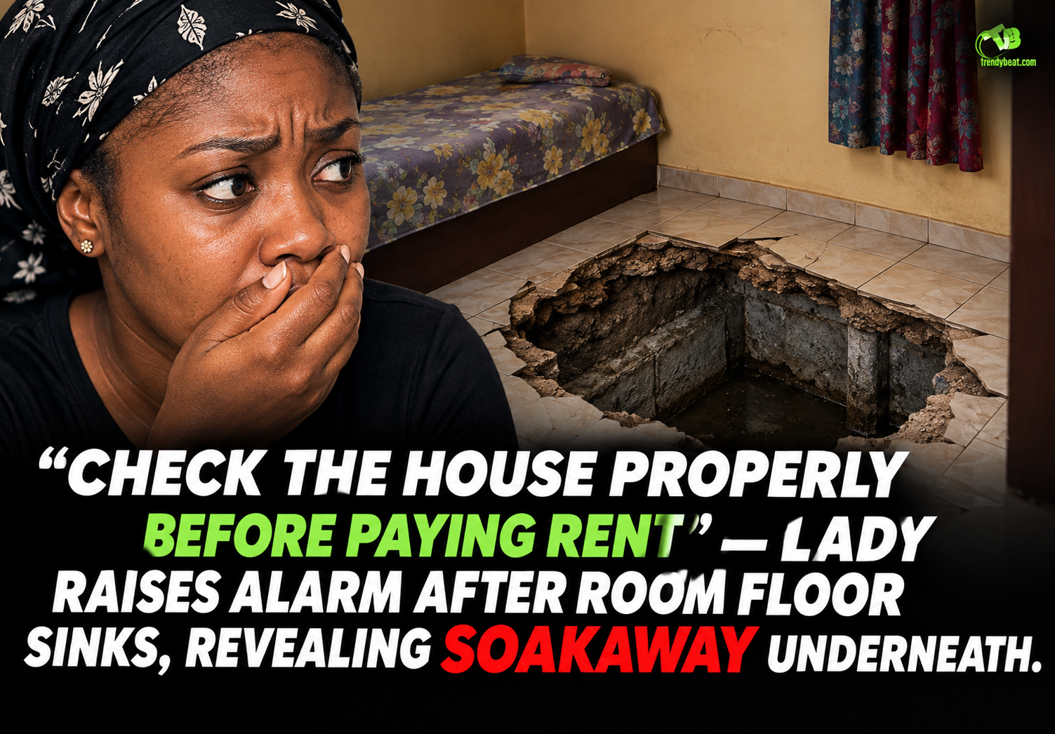 “Check The House Properly Before Paying Rent” - Lady Raises Alarm After Room Floor Sinks, Revealing Soakaway Underneath