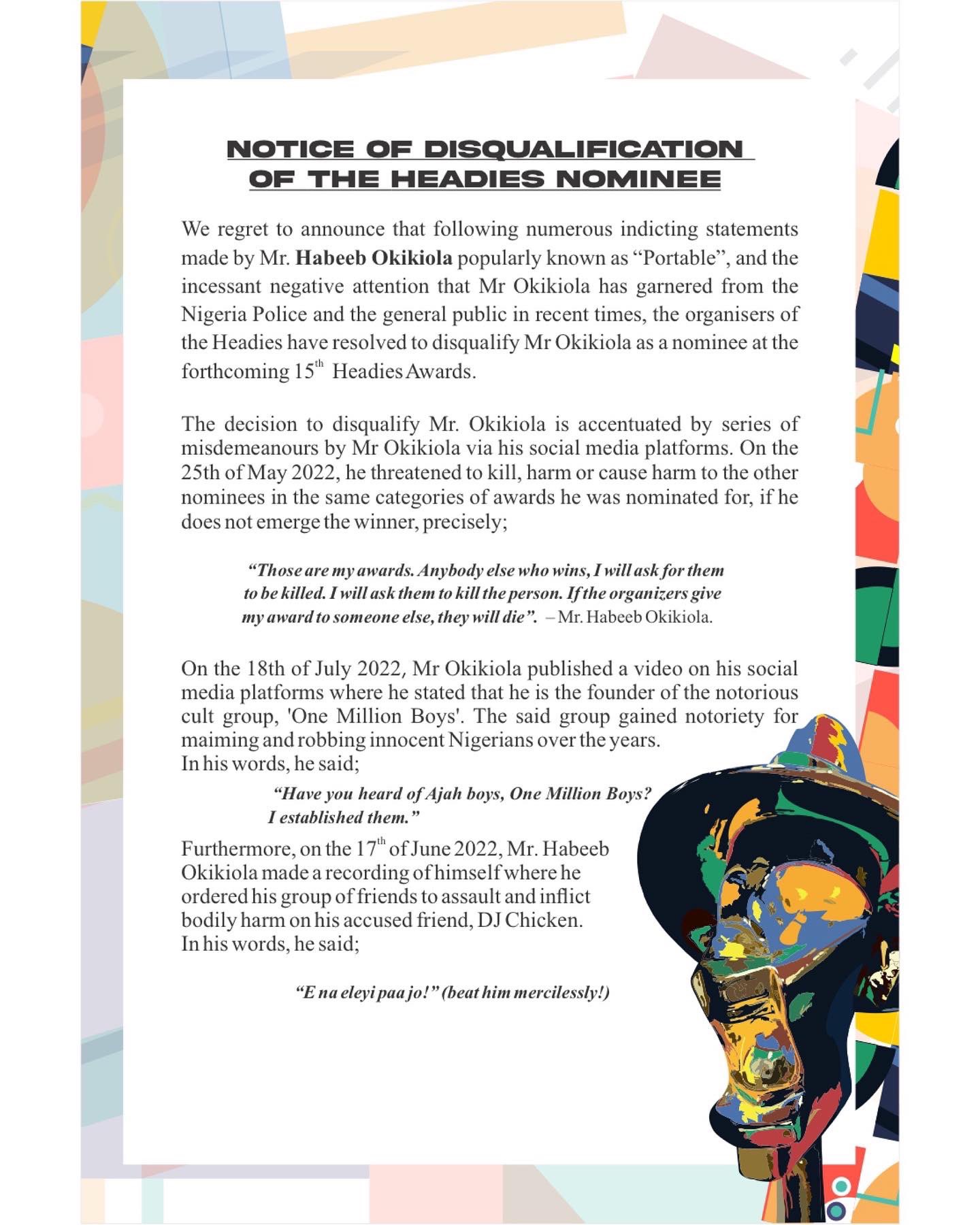 Headies Letter Announcing the disqualification of Portable