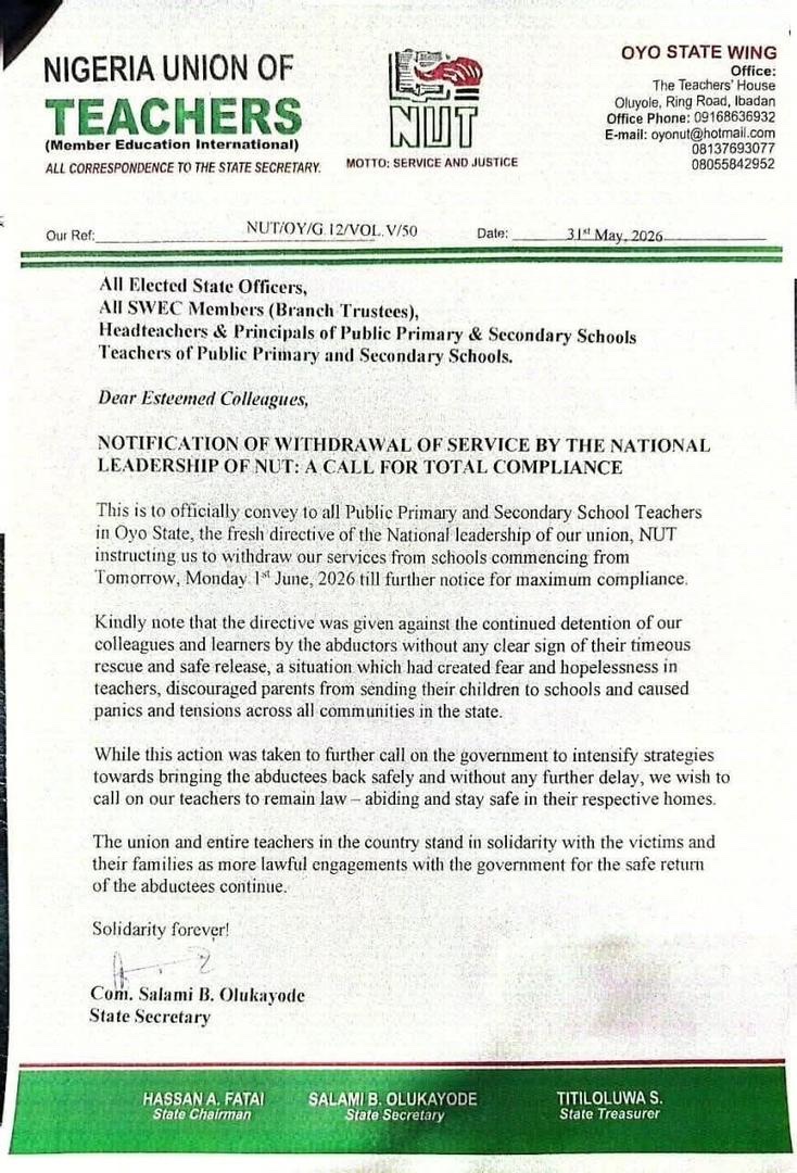 NUT Declares Indefinite Strike in Oyo Over Abducted Teachers, Schoolchildren